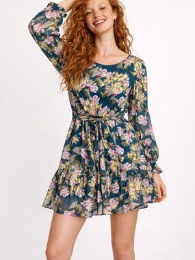 Umgee Teal Floral Mini Dress Gold Detail Boho Peasant Ruffle Large